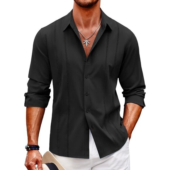 ❤️Mens Black Cuban Shirt Casual Button Down  Long Sleeve Beach Linen Shirts - Picture 1 of 7